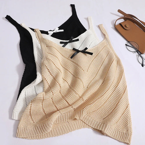 Load image into Gallery viewer, Solid Sexy Hollow Out V Neck Bow Slip Tank Tops Summer Women Sleeveless Holiday Short Vest Casual Street Clothes Fashion Casual
