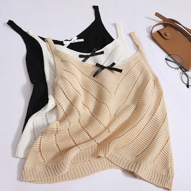 Solid Sexy Hollow Out V Neck Bow Slip Tank Tops Summer Women Sleeveless Holiday Short Vest Casual Street Clothes Fashion Casual