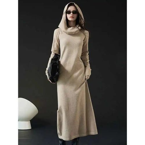 Load image into Gallery viewer, Women Oat Color Knitting Ankle Length Dress New Hooded Long Sleeve Loose Fit Fashion Tide Spring Autumn 2025 1DH3764
