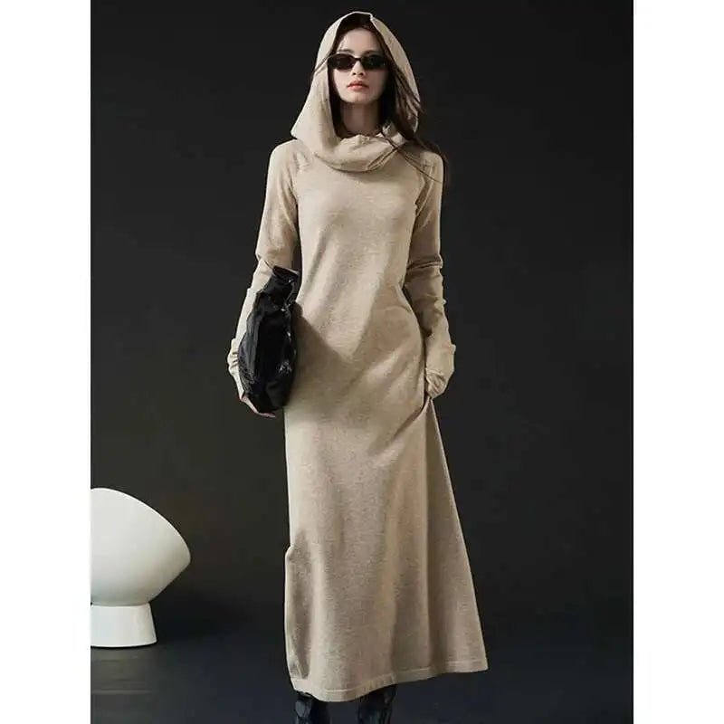 Women Oat Color Knitting Ankle Length Dress New Hooded Long Sleeve Loose Fit Fashion Tide Spring Autumn 2025 1DH3764