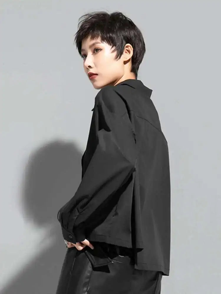 Women Black Bandage Big Size Long Blouse New Lapel Long Sleeve Loose Fit Shirt Fashion Tide Spring Autumn 2025  1DF1659