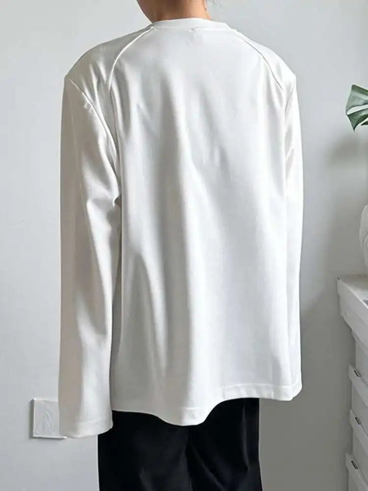 Women White Shouder Padded Big Size T-shirt New Round Neck Long Sleeve  Loose Fit Tees Fashion Spring Autumn 2025 1DH2633