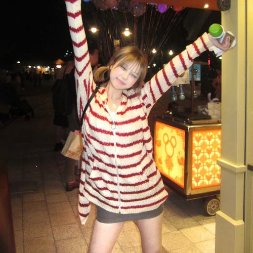 Load image into Gallery viewer, Japanese Y2k Hooded Cardigan 2000s Aesthetics Rabbit Ears Zipper Knitwear Vintage Harajuku Red Stripe Sweater Grunge
