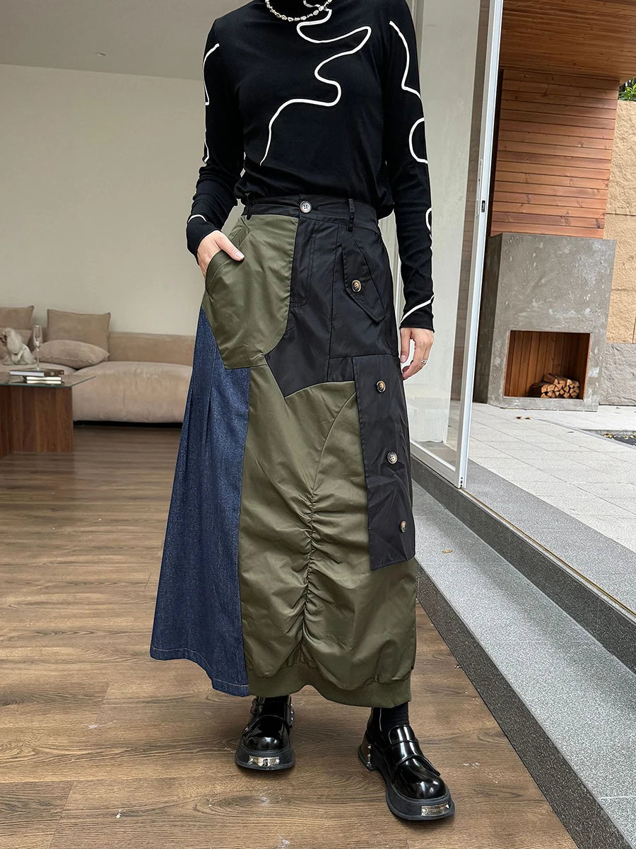 Hit Color Patchwork Raw Denim Skirt For Women High Waist Spliced Button High Street Fashion Skirt Female New Autumn