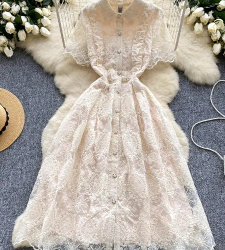 Summer French Retro Solid Elegant Lace Embroidery Single Breasted Temperament Long Dress Women Evening Party Princess Dress Chic