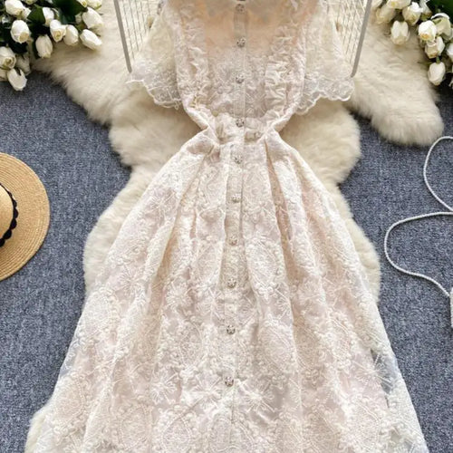 Load image into Gallery viewer, Summer French Retro Solid Elegant Lace Embroidery Single Breasted Temperament Long Dress Women Evening Party Princess Dress Chic
