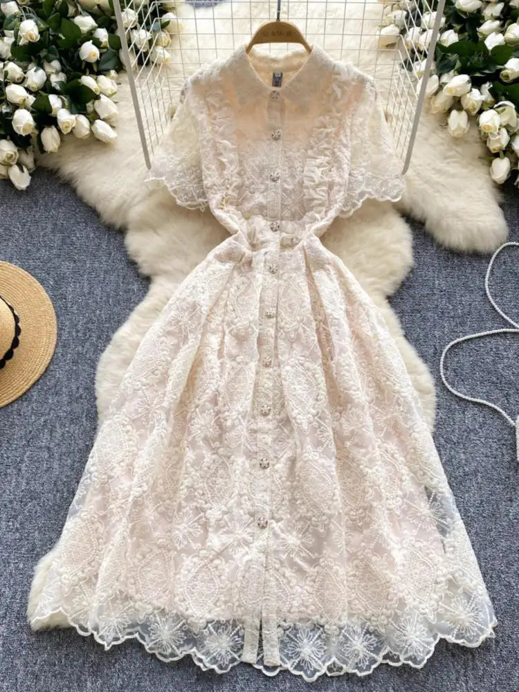 Summer French Retro Solid Elegant Lace Embroidery Single Breasted Temperament Long Dress Women Evening Party Princess Dress Chic