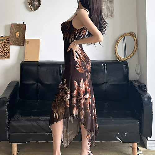 Load image into Gallery viewer, Asymmetrical Flowers Printing Mesh Dress Women Vintage Fashion Y2K Aesthetic Summer Midi Dress Party Sleeveless Chic
