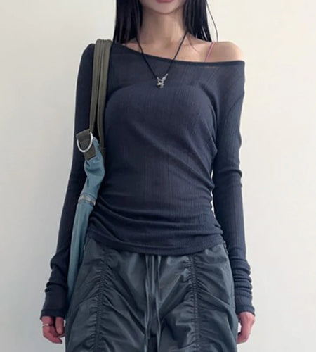 Harajuku Basic Knit Women T-shirt Long Sleeve Thin Backless Korean Style Top Tee All-Match Solid Pullover Transparent