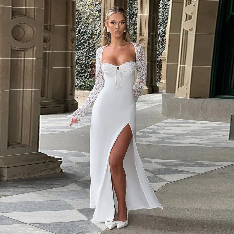 Lace Long Sleeve Sexy Maxi Dress Women Autumn New Square Collar Backless Lace-up High Split Sexy Club Party Long Dress