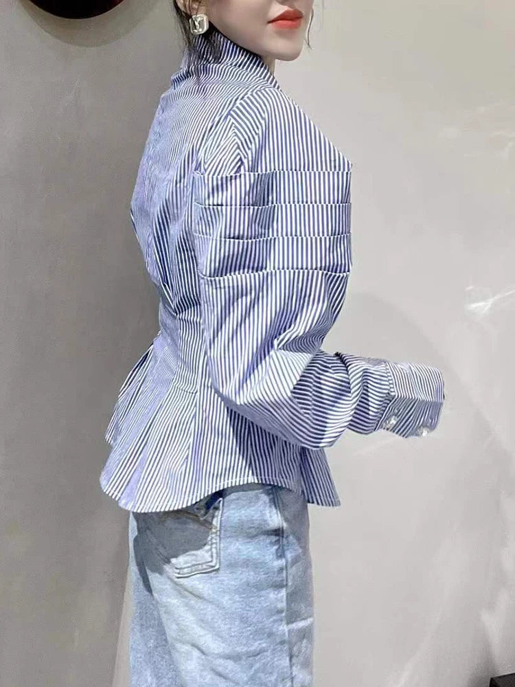 Korean Fashion Shirt For Women Lapel Puff Sleeve Striped Colorblock Button Through Blouse Female Spring Clothes