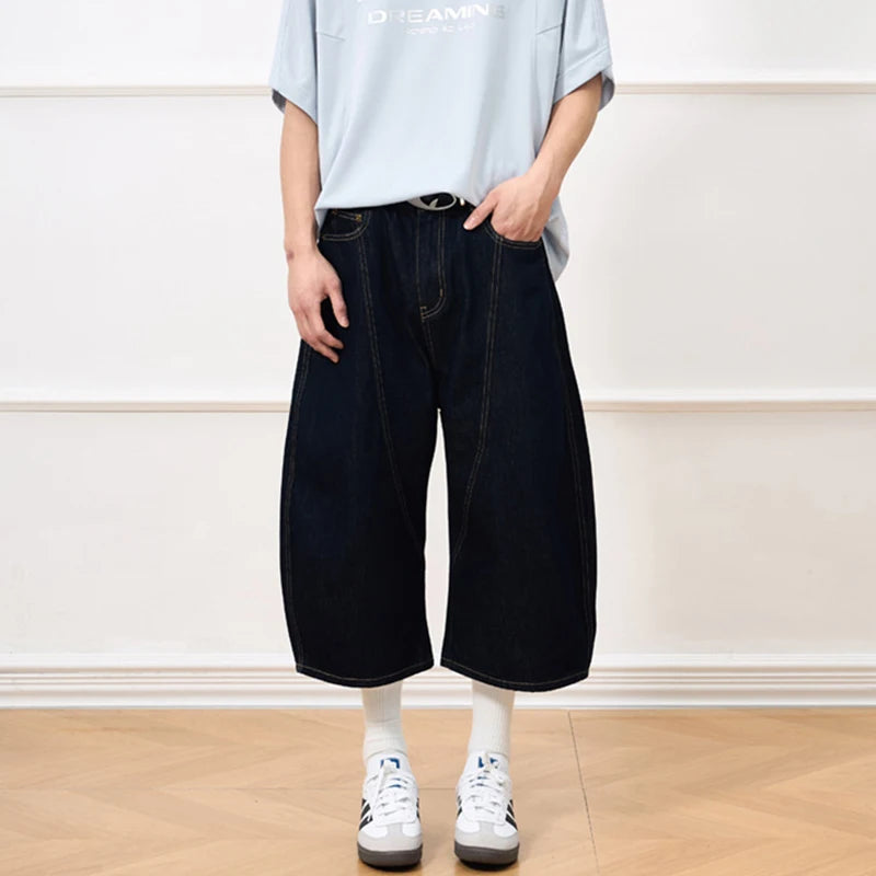 Men's Denim Shorts New  American Style Washed Curved Knife Trendy Line Design Male Solid Color Fashion Clothing 9W1909