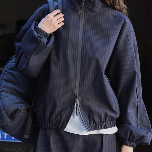 Load image into Gallery viewer, Navy Blue Striped Drawstring Big Size Jacket New Stand Collar Long Sleeve Women Coat Fashion Spring Autumn 2025 1DH7261
