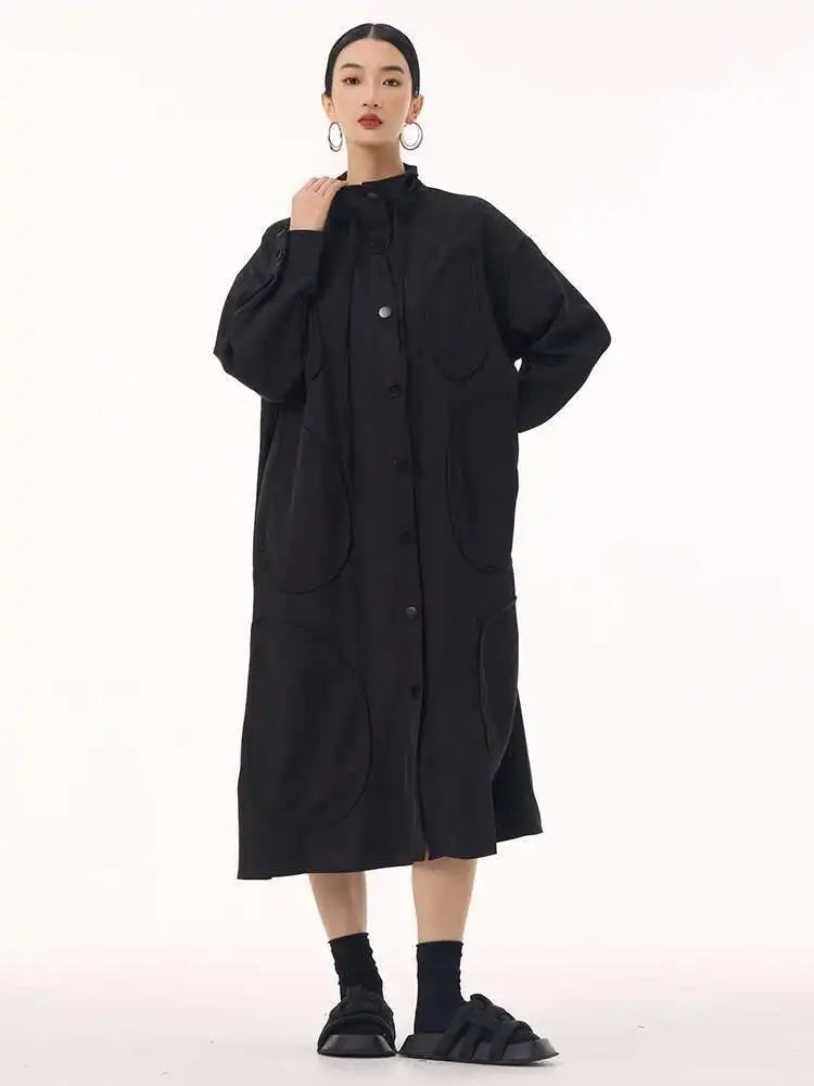 Women Army Green Patch Drawstring Big Size Midi Dress New Stand Collar Long Sleeve Fashion Tide Spring Autumn 2025 1DH9211