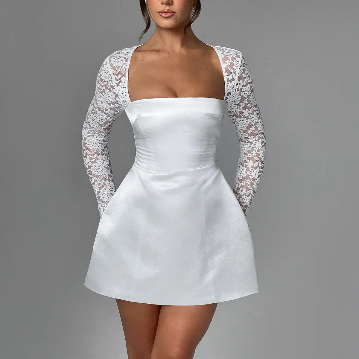 Summer Lace Sleeve Dresses for Women 2024 New Fashion A Line Party Dresses White Satin Dress Women's Clothing 2024