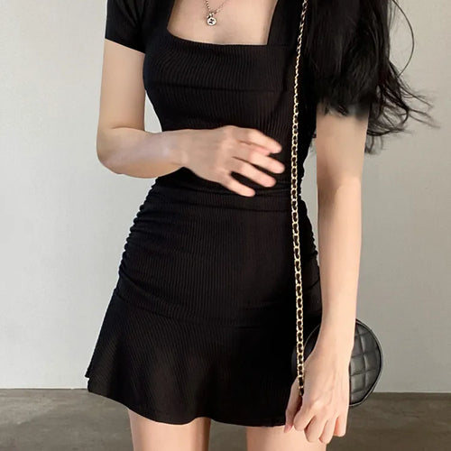 Load image into Gallery viewer, Korean Fashion Square Neck Bodycon Short Sleeve Black Dress Female Basic Solid Ruffles Summer Dresses Ruched Outfits
