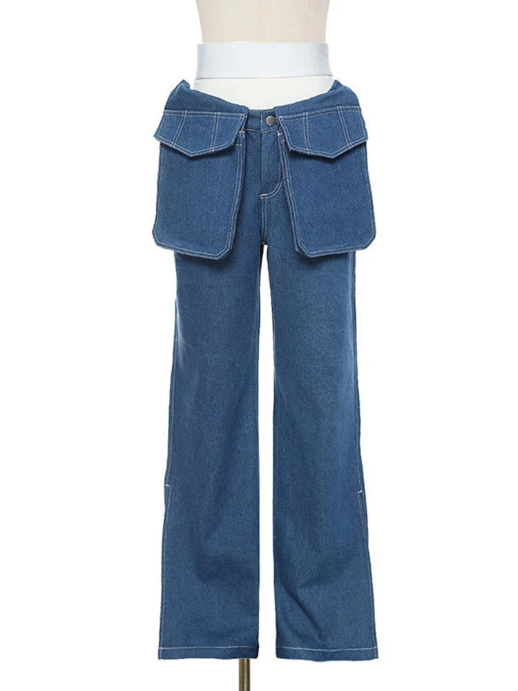 Loose Denim Trousers For Women High Waist Patchwork Colorblock Irregular Loose Wide Leg Jeans Female Clothing