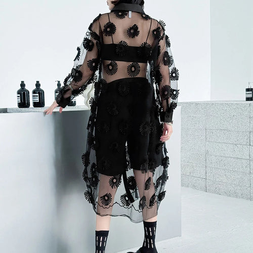 Load image into Gallery viewer, Women Black Mesh Embroidery Perspective Big Size Shirt Dress New Lapel Long Sleeve Fashion Spring Summer 2025 1DJ1154
