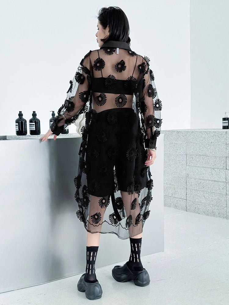 Women Black Mesh Embroidery Perspective Big Size Shirt Dress New Lapel Long Sleeve Fashion Spring Summer 2025 1DJ1154