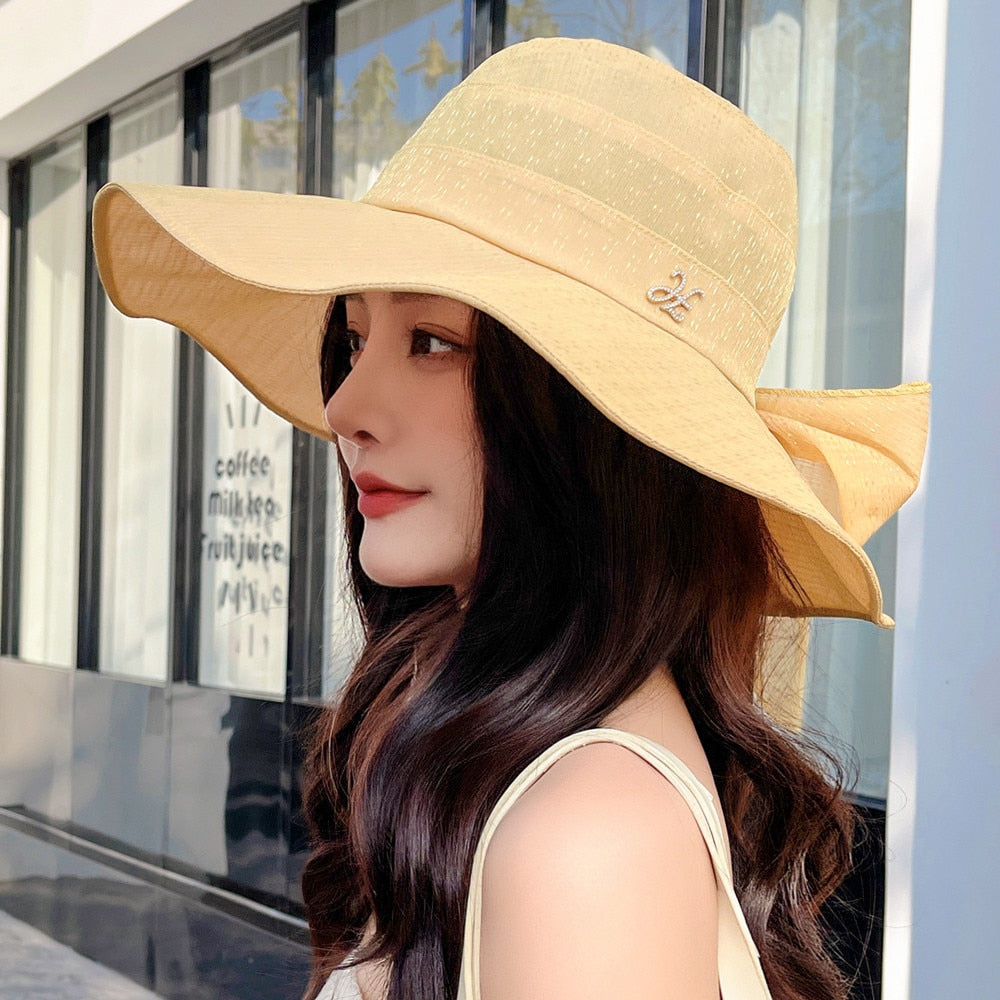 Women Summer Sun Hats Plain Color Fashion Bow Design Sun Hat Female Outdoor Sun Protection Travel Beach Hat