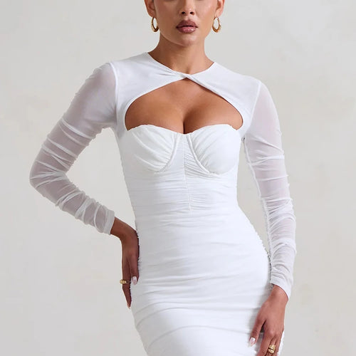 Load image into Gallery viewer, Mesh Hollow Out Pleated Dress Women's Wrap Hip Sexy Elastic Tight-Fitting Party Prom Backless Mini Dress 2023 Summer New
