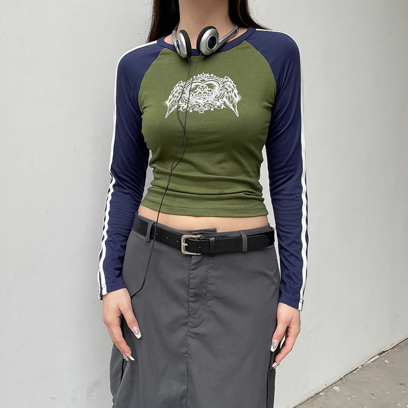 Korean Vintage Stitch Stripe Women Tees Print Crew Neck Raglan Sleeve Autumn T-shirt Bodycon Top Contrast Color Y2K