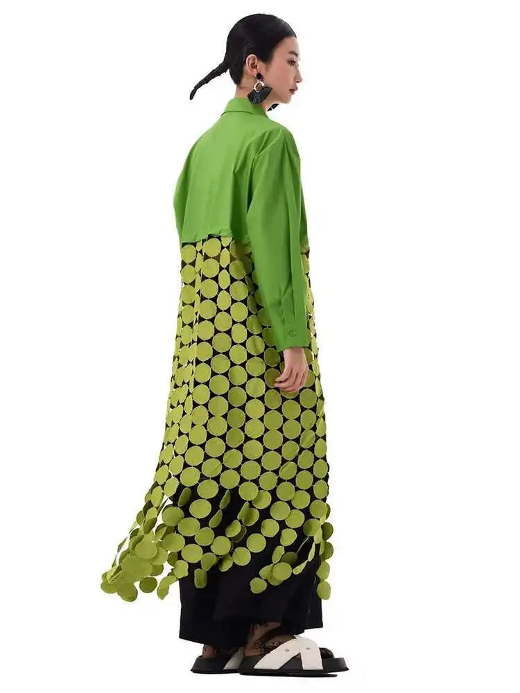 Women White Dot Tassels Hollow Out Midi Big Size Shirt Dress New Lapel Long Sleeve Fashion Tide Spring Autumn 2025 1DH9464