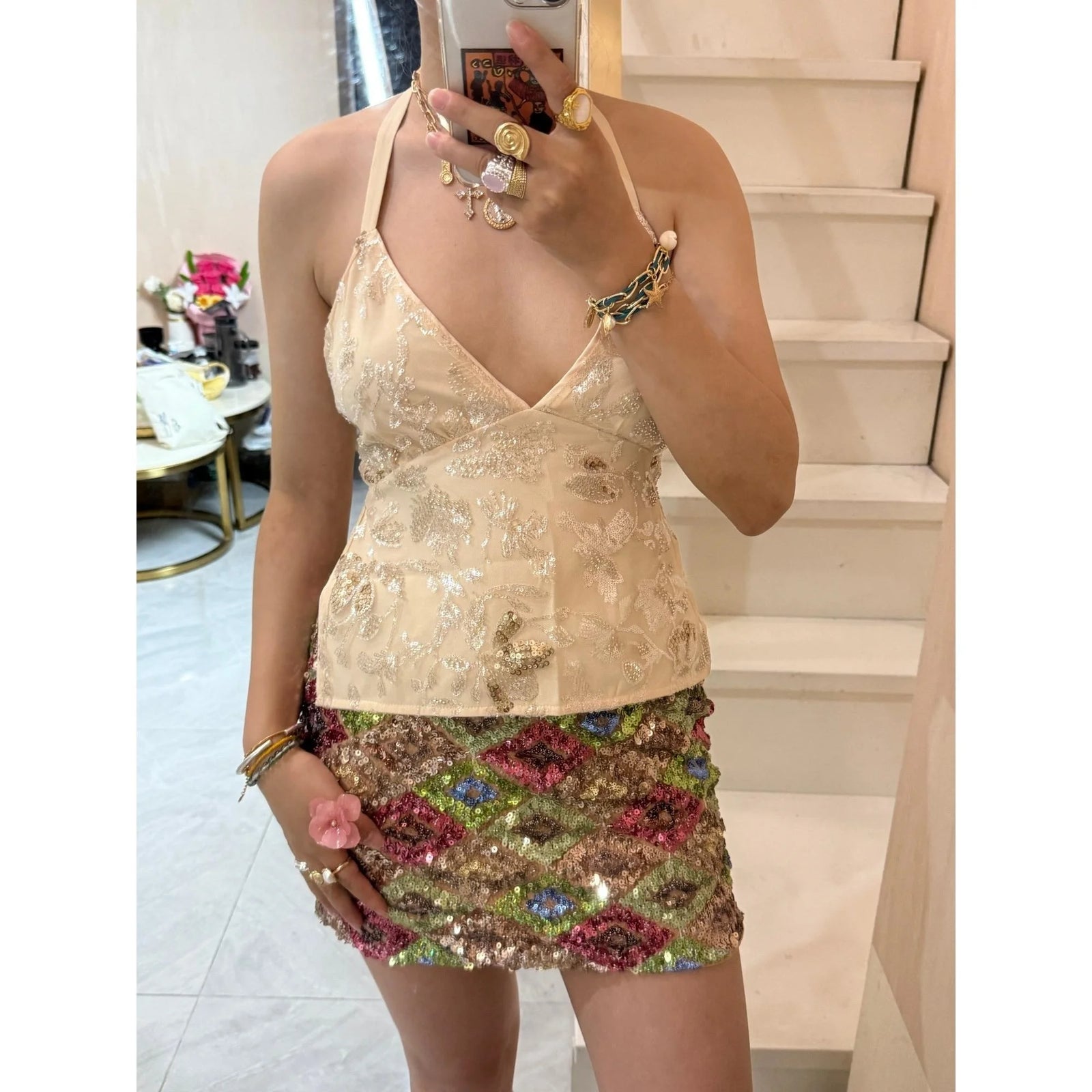 Sexy Sequin Floral Tanks y2k Women Glitter Embroidery Sleeveless Backless Crop Tops Vest 2000s Clothing Party Clubwear