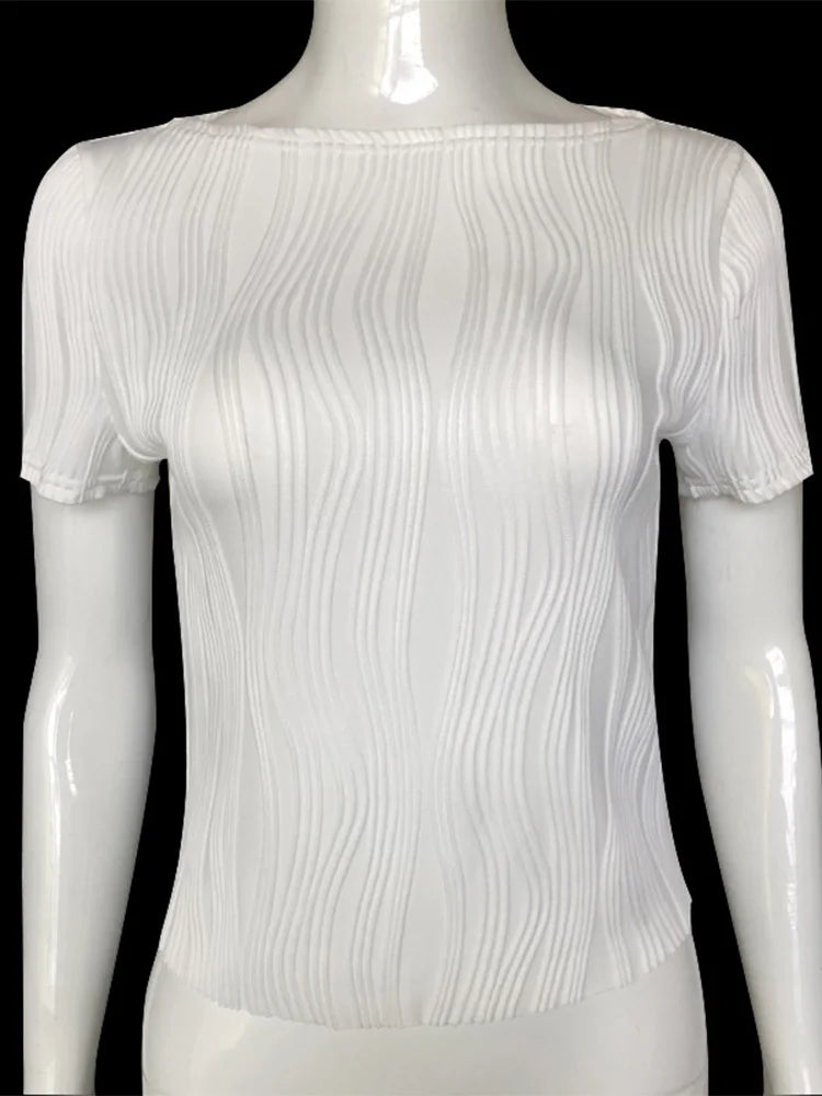 Women Harajuku Crop Tops Summer y2k Clothes 2025 Vintage Slim Short Sleeve Open Back Textured T-Shirts Streetwear 90s