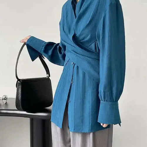 Load image into Gallery viewer, Women Apricot Cross Bandage Blouse New Stand Collar Long Sleeve Loose Fit Shirt Fashion Tide Spring Autumn 2025 1DF1552
