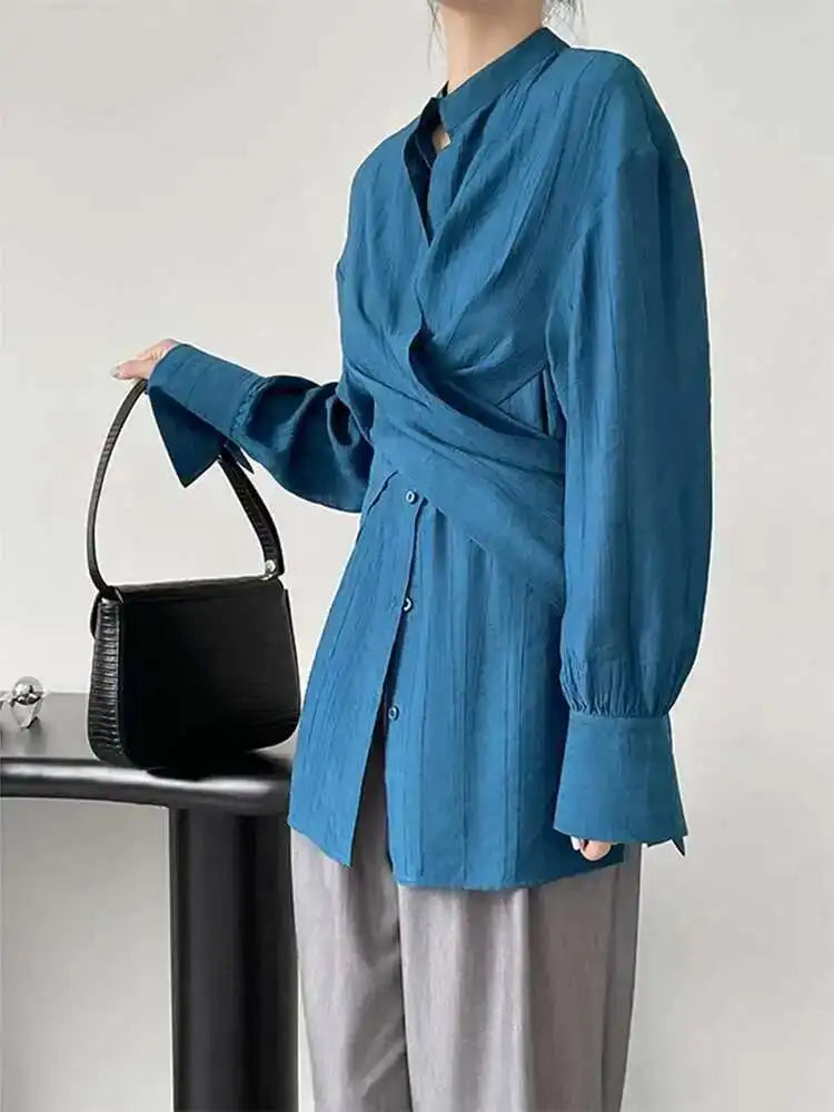 Women Apricot Cross Bandage Blouse New Stand Collar Long Sleeve Loose Fit Shirt Fashion Tide Spring Autumn 2025 1DF1552