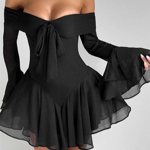 Load image into Gallery viewer, Strapless Long Flare Sleeve Sexy Mini Dress For Women Robe Off-shoulder Backless High Waist A-line Club Party Dress
