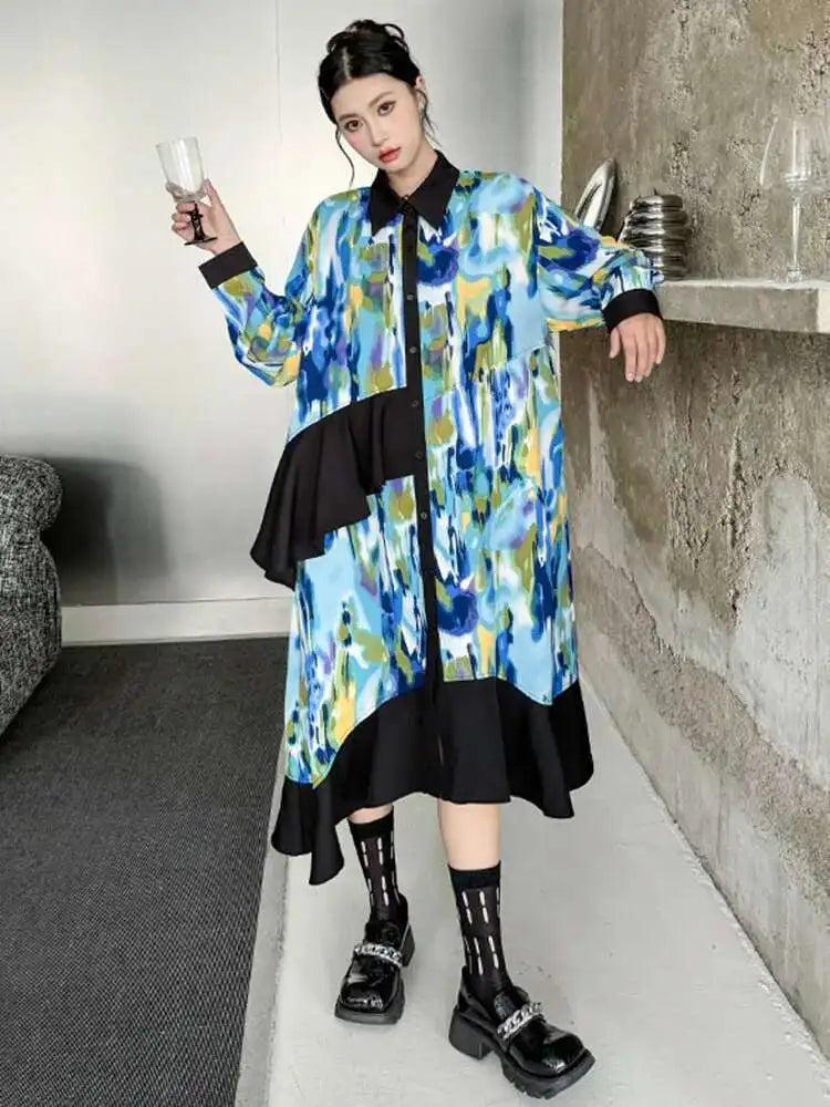 Women Green Pattern Printed Irregular Big Size Shirt Dress New Lapel Long Sleeve Fashion Tide Spring Autumn 2025 1DH4829