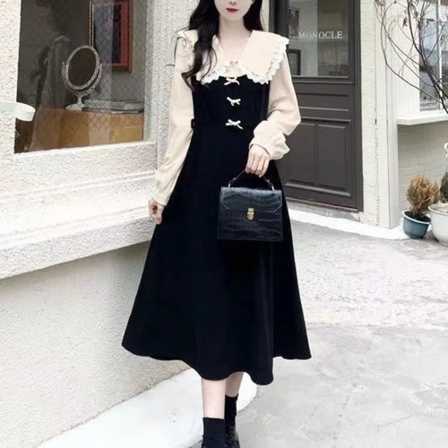 Load image into Gallery viewer, School Kawaii Black Midi Dress Women Japanese Sweet Vintage Elegant Peter Pan Collar Long Sleeve Cute Dresses Autumn
