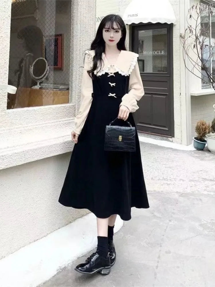 School Kawaii Black Midi Dress Women Japanese Sweet Vintage Elegant Peter Pan Collar Long Sleeve Cute Dresses Autumn