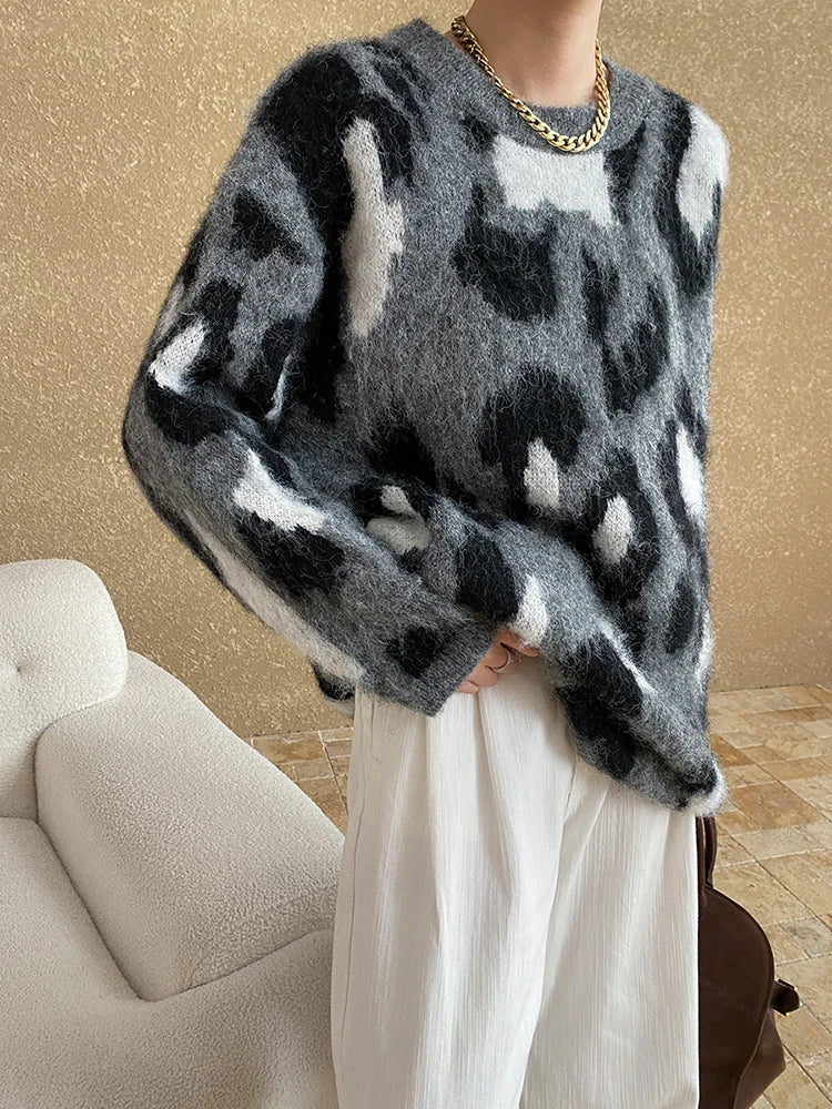 Gray Leopard Big Size Knitting Sweater Round Neck Long Sleeve Women Pullovers New Fashion Tide Spring Autumn 2025 1DH7968