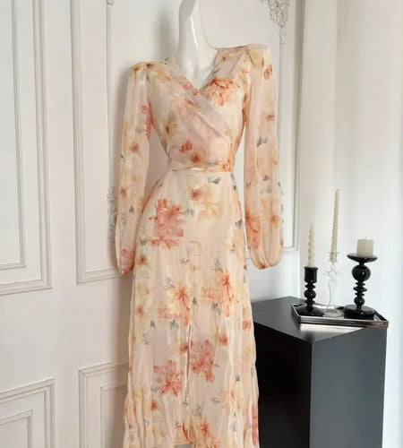 Vintage Women Orange Print V Neck High Waist Long Sleeves A-line Pleated Party Prom Dress Autumn Slim Bow Bandage Dress Bohemian