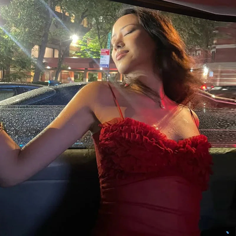 Spaghetti Strap Mesh Pleated Sexy Crop Tops Women Red Strapless Sleeveless Backless Skinny Club Tank Tops Clubwear