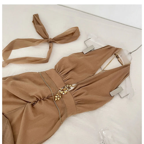 Load image into Gallery viewer, Women Brown High Waist Off Shoulder Hollow Out Backless Halter Long Dress Summer Sexy Elegant Sleeveless Party Evening Dress New
