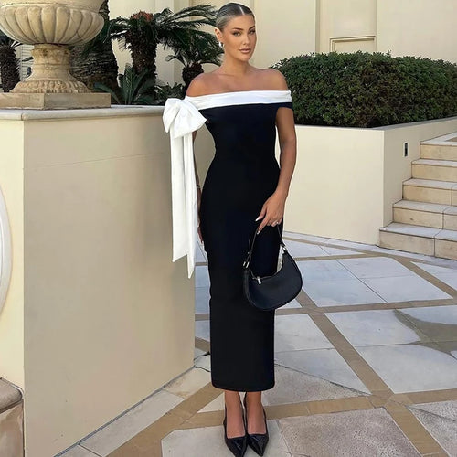 Load image into Gallery viewer, Sleeveless Ribbon Off-shoulder Solid Sexy Autumn Winter Maxi Dress For Women High Waist Bow Bodycon Party Long Dress
