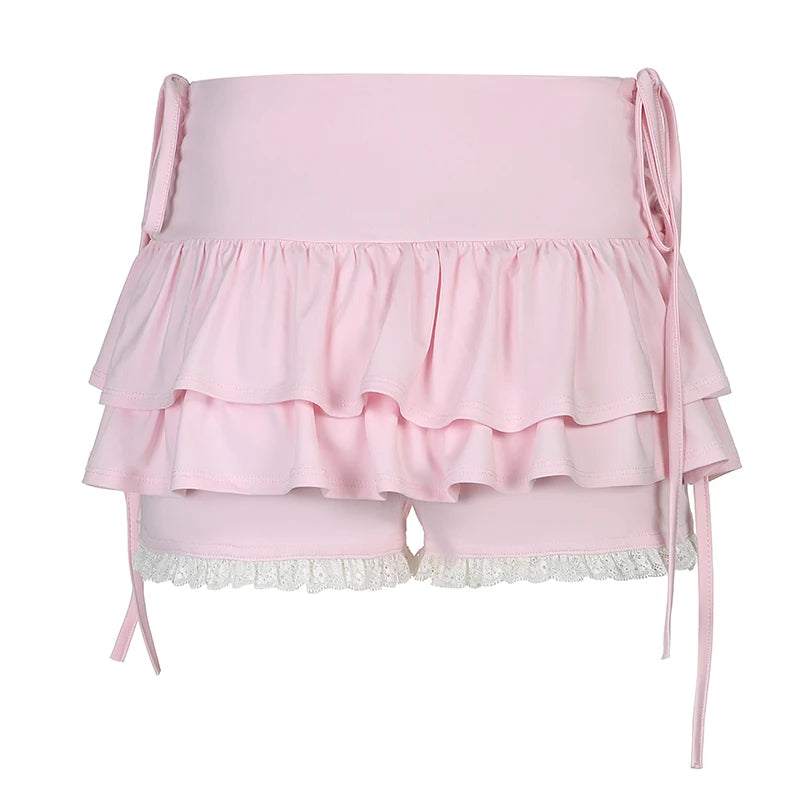 Sweet Pink Korean Skinny Shorts Skirt Cutecore Lace Trim Ruffles Coquette Clothes Tie Up Folds Mini Skirt Women Cake