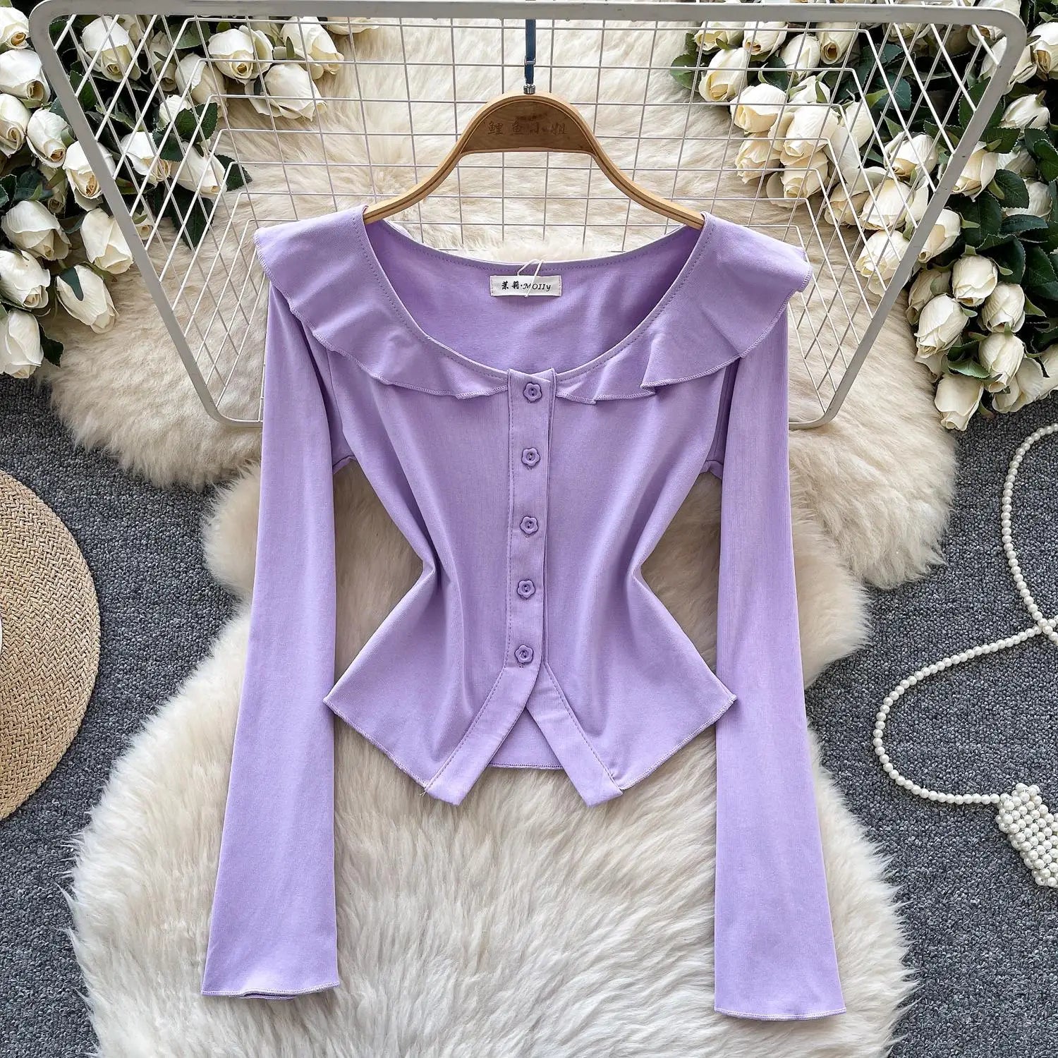 Vintage Fashion Women's Sweet Solid Single Breasted Long Sleeved T Shirt Spring Round Neck Ruffle Edge Short Cardigan Tops Trend