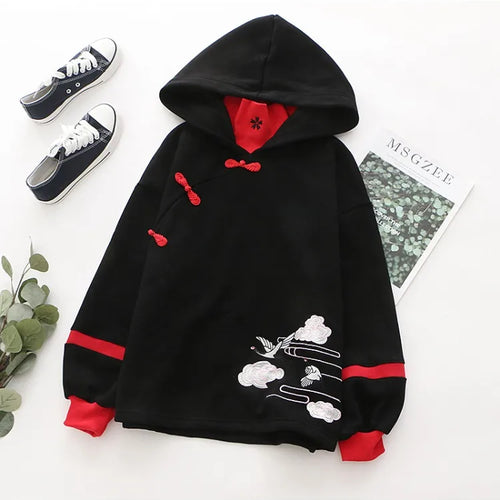 Load image into Gallery viewer, Women&#39;s Sweatshirt Black Cartoon Embroidery Harakuju Hooded Pullover Long Sleeve Sweet Style Top Winter Clothes Women
