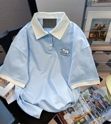 Japanese Woman Tshirts 2024 Ropa Mujer Dog Embroidery Short Sleeve Tees Oversized Tops Casual Chic Summer T-shirt Women Clothing