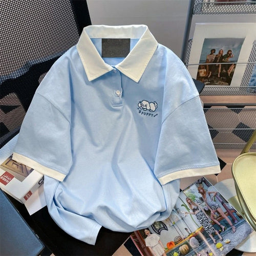 Load image into Gallery viewer, Japanese Woman Tshirts 2024 Ropa Mujer Dog Embroidery Short Sleeve Tees Oversized Tops Casual Chic Summer T-shirt Women Clothing
