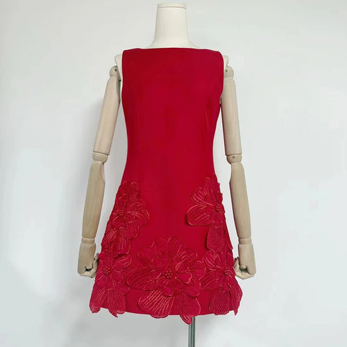 Load image into Gallery viewer, Solid Spliced Appliques Slimming Mini Dresses For Women O Neck Sleeveless High Waist Temperament Dress Female New
