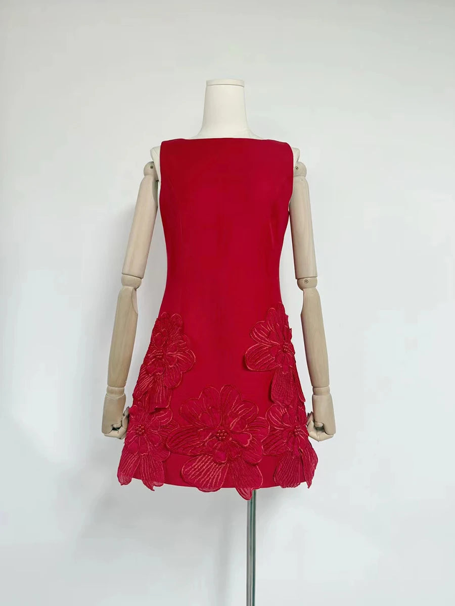 Solid Spliced Appliques Slimming Mini Dresses For Women O Neck Sleeveless High Waist Temperament Dress Female New