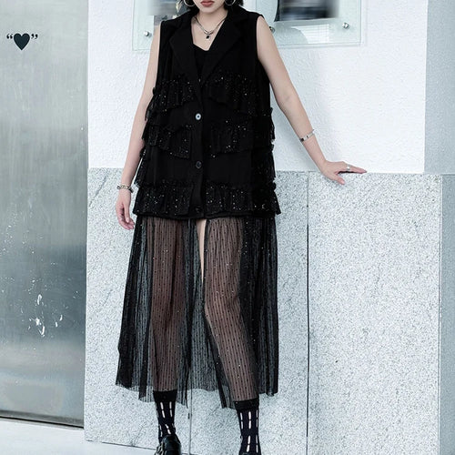 Load image into Gallery viewer, Women Black Singles Breasted Mesh Big Size Midi Vest Dress New Lapel Sleeveless Fashion Tide Spring Autumn 2025 1DJ1041
