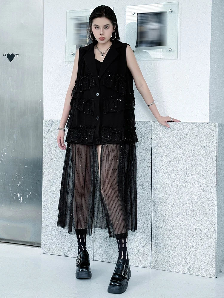 Women Black Singles Breasted Mesh Big Size Midi Vest Dress New Lapel Sleeveless Fashion Tide Spring Autumn 2025 1DJ1041