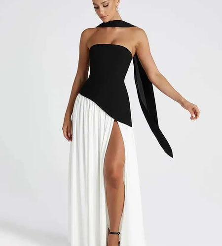 Strapless Off-shoulder Sexy Maxi Dress For Women Gown Patchwork Scarf Collar Thigh High Split Club Party Long Dress